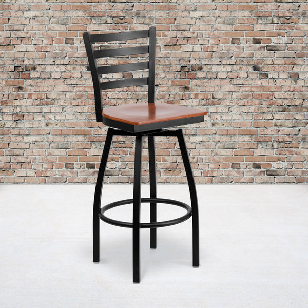 Cherry Wood Seat/Black Metal Frame |#| Black Ladder Back Swivel Metal Barstool - Cherry Wood Seat