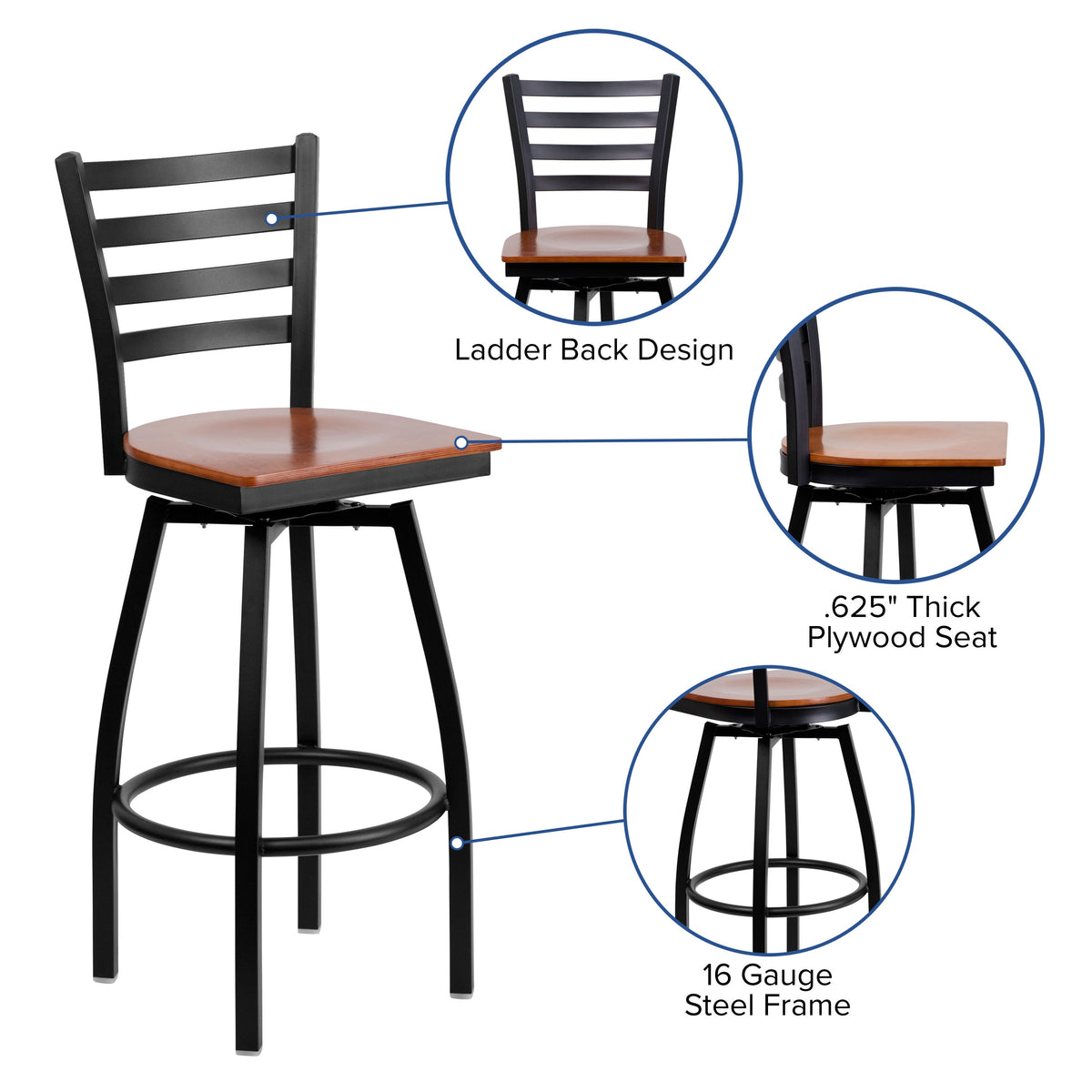 Cherry Wood Seat/Black Metal Frame |#| Black Ladder Back Swivel Metal Barstool - Cherry Wood Seat