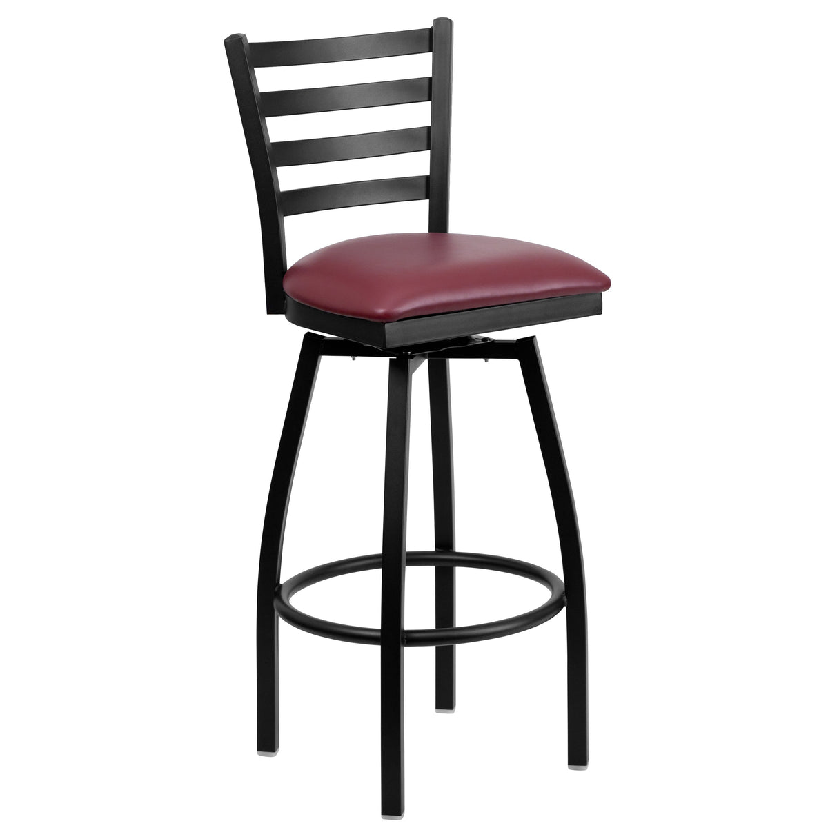 Burgundy Vinyl Seat/Black Metal Frame |#| Black Ladder Back Swivel Metal Barstool - Burgundy Vinyl Seat