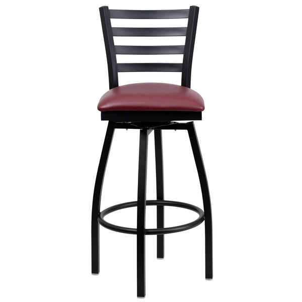 Burgundy Vinyl Seat/Black Metal Frame |#| Black Ladder Back Swivel Metal Barstool - Burgundy Vinyl Seat