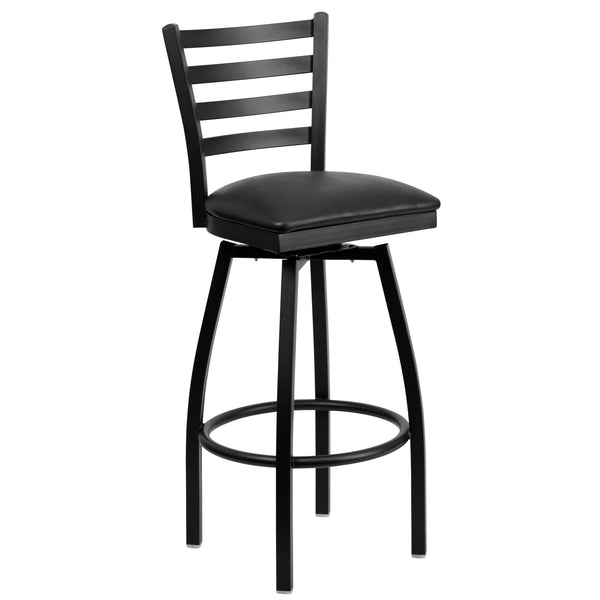 Black Vinyl Seat/Black Metal Frame |#| Black Ladder Back Swivel Metal Barstool - Black Vinyl Seat