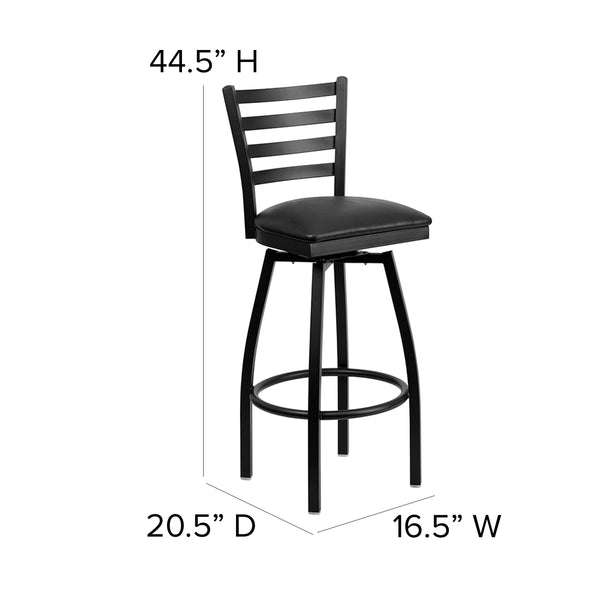 Black Vinyl Seat/Black Metal Frame |#| Black Ladder Back Swivel Metal Barstool - Black Vinyl Seat