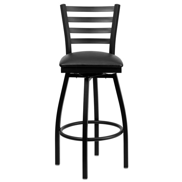 Black Vinyl Seat/Black Metal Frame |#| Black Ladder Back Swivel Metal Barstool - Black Vinyl Seat