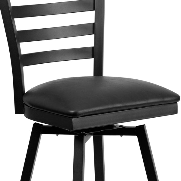 Black Vinyl Seat/Black Metal Frame |#| Black Ladder Back Swivel Metal Barstool - Black Vinyl Seat