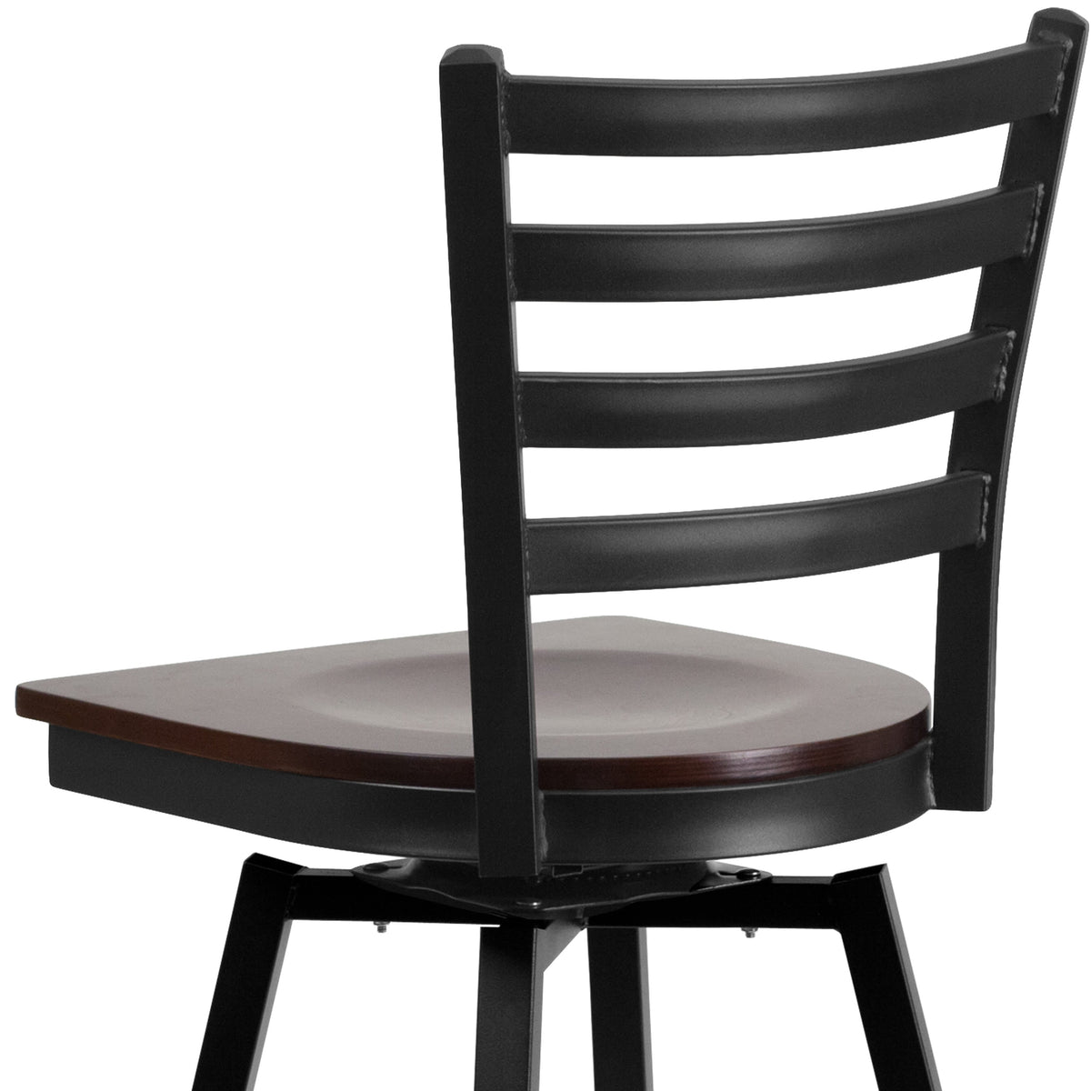 Walnut Wood Seat/Black Metal Frame |#| Black Ladder Back Swivel Metal Barstool - Walnut Wood Seat