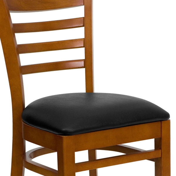 Black Vinyl Seat/Cherry Wood Frame |#| Ladder Back Cherry Wood Restaurant Chair - Black Vinyl Seat