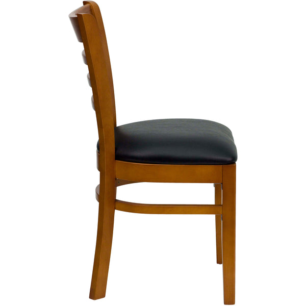 Black Vinyl Seat/Cherry Wood Frame |#| Ladder Back Cherry Wood Restaurant Chair - Black Vinyl Seat