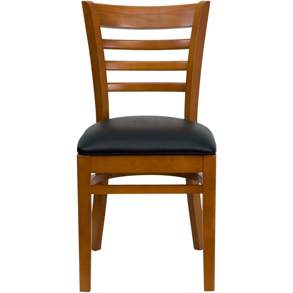 Black Vinyl Seat/Cherry Wood Frame |#| Ladder Back Cherry Wood Restaurant Chair - Black Vinyl Seat