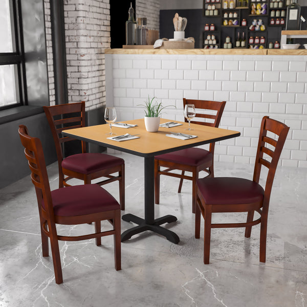 Burgundy Vinyl Seat/Mahogany Wood Frame |#| Ladder Back Mahogany Wood Restaurant Chair - Burgundy Vinyl Seat