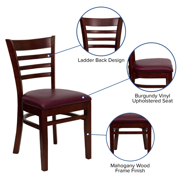 Burgundy Vinyl Seat/Mahogany Wood Frame |#| Ladder Back Mahogany Wood Restaurant Chair - Burgundy Vinyl Seat