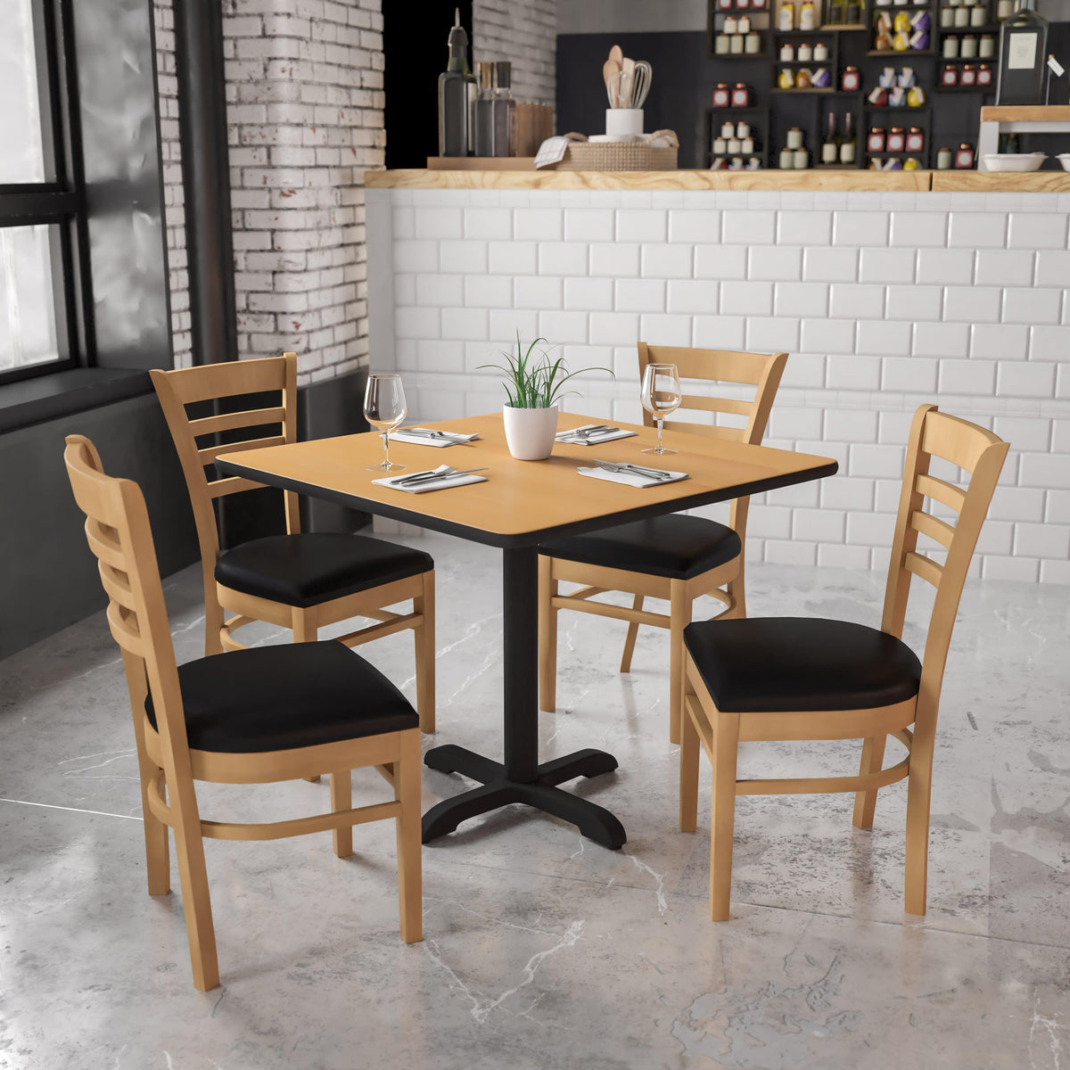 Black Vinyl Seat/Natural Wood Frame |#| Ladder Back Natural Wood Restaurant Chair - Black Vinyl Seat