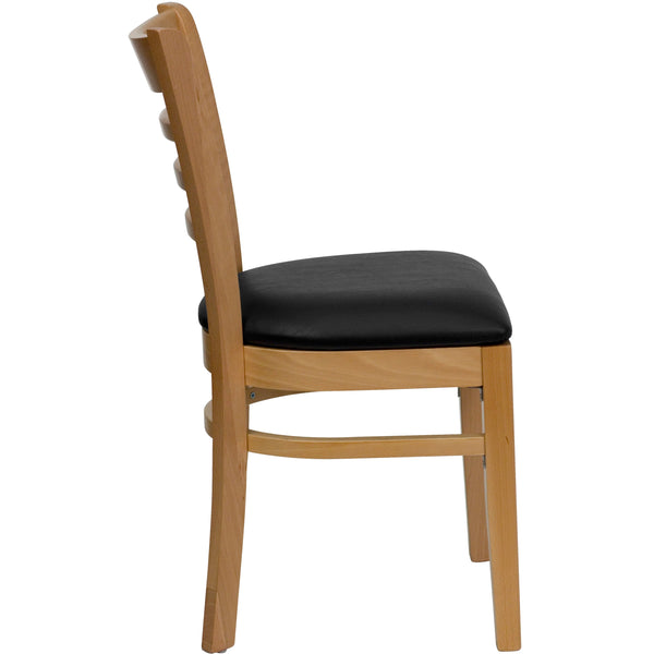 Black Vinyl Seat/Natural Wood Frame |#| Ladder Back Natural Wood Restaurant Chair - Black Vinyl Seat