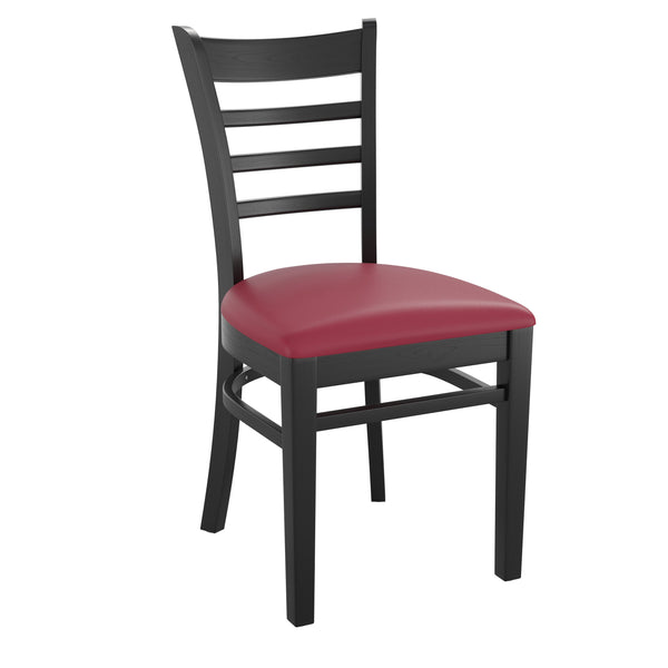 Burgundy Vinyl Seat/Black Wood Frame |#| Ladder Back Black Wood Restaurant Chair - Burgundy Vinyl Seat