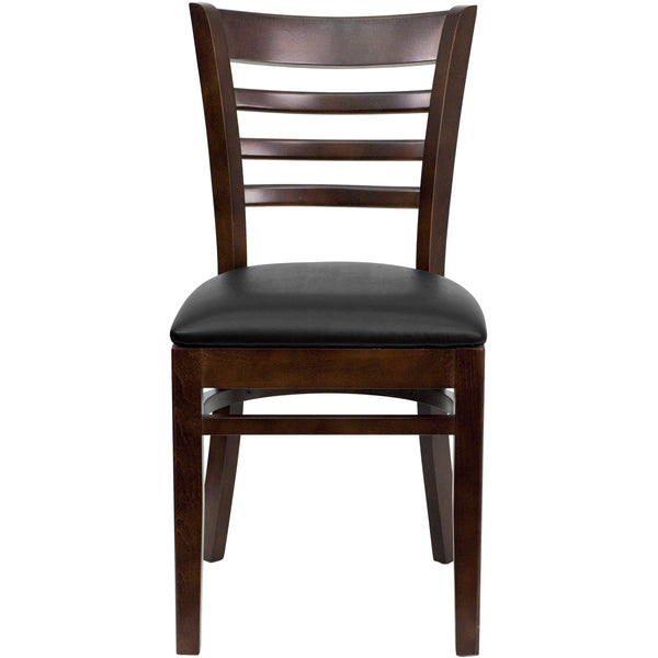 Black Vinyl Seat/Walnut Wood Frame |#| Ladder Back Walnut Wood Restaurant Chair - Black Vinyl Seat