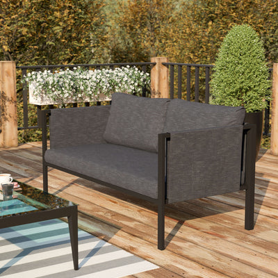 Lea Indoor/Outdoor Loveseat with Cushions - Modern Steel Framed Chair with Storage Pockets