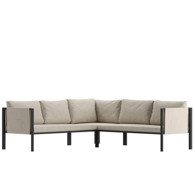 Lea Indoor/Outdoor Sectional with Cushions - Modern Steel Framed Chair with Dual Storage Pockets