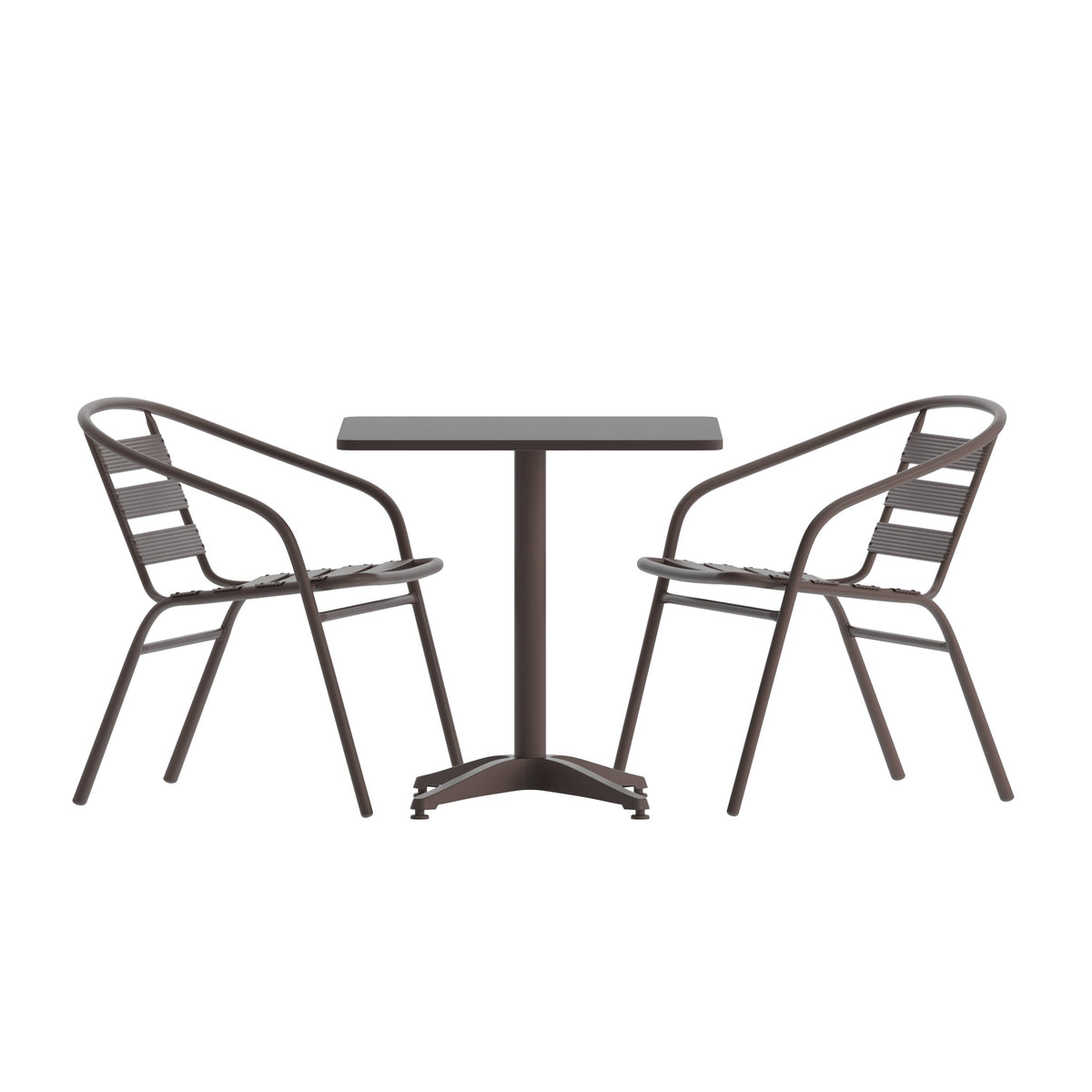 Bronze |#| Modern 23.5" Square Glass Framed Glass Table with 2 Bronze Slat Back Chairs