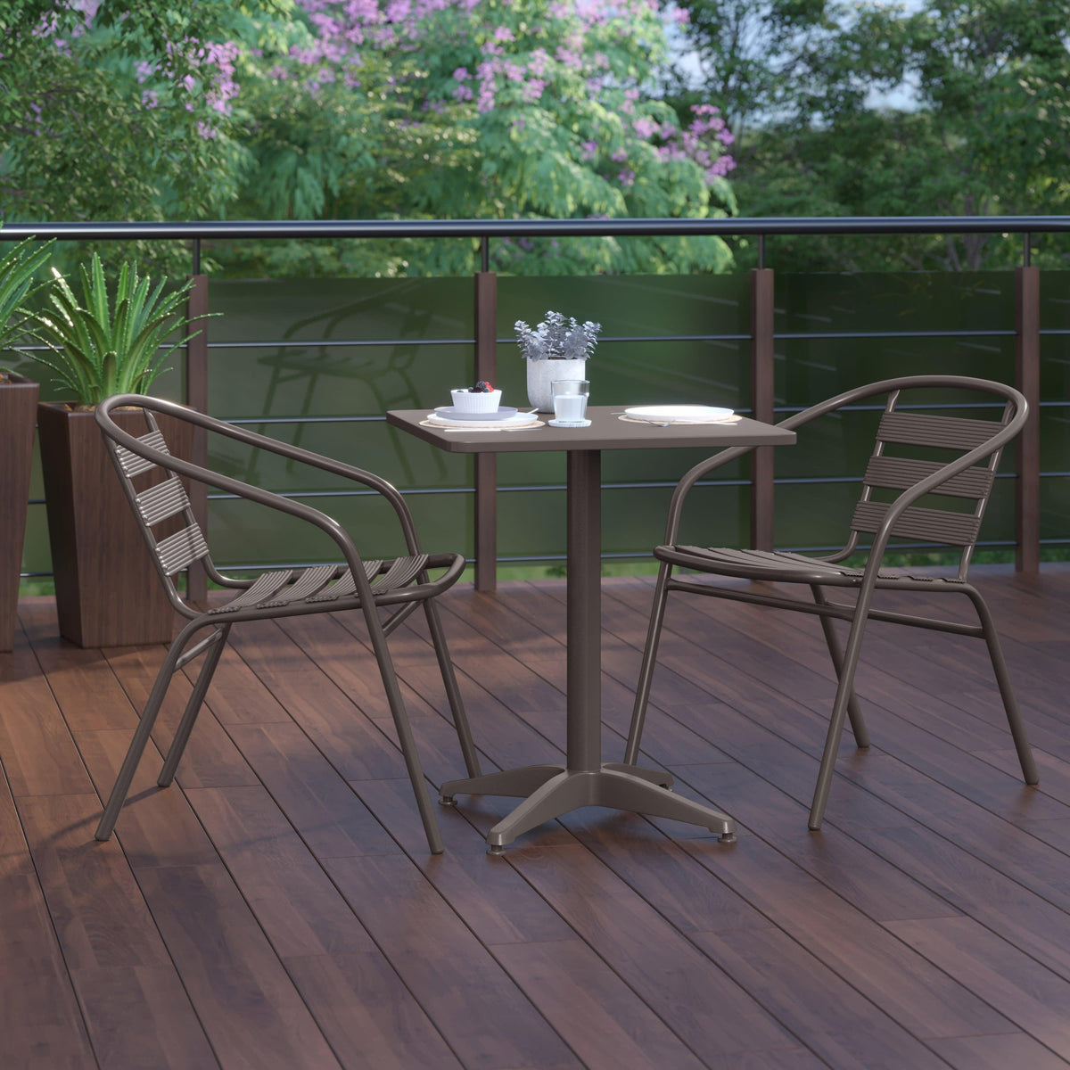 Bronze |#| Modern 23.5" Square Glass Framed Glass Table with 2 Bronze Slat Back Chairs