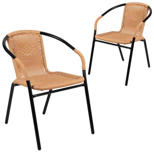 Beige |#| 2 Pack Beige Rattan Indoor-Outdoor Restaurant Stack Chair with Curved Back