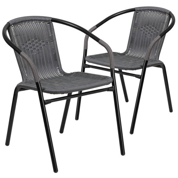 Gray |#| 2 Pack Gray Rattan Indoor-Outdoor Restaurant Stack Chair with Curved Back