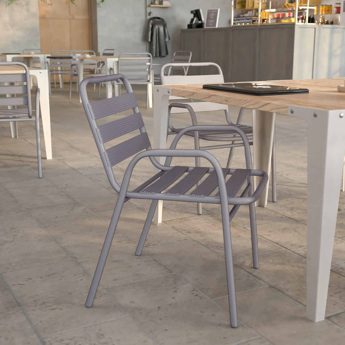 Silver |#| Commercial Indoor-Outdoor Restaurant Stack Chair with Slat Back and Arms-Silver