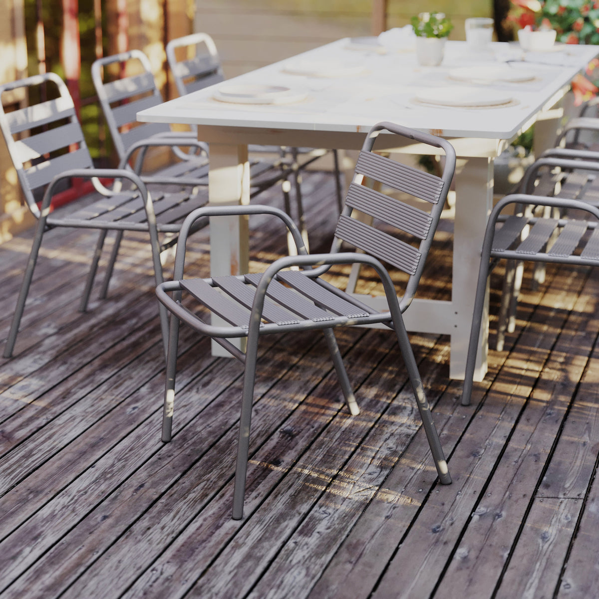 Silver |#| Commercial Indoor-Outdoor Restaurant Stack Chair with Slat Back and Arms-Silver