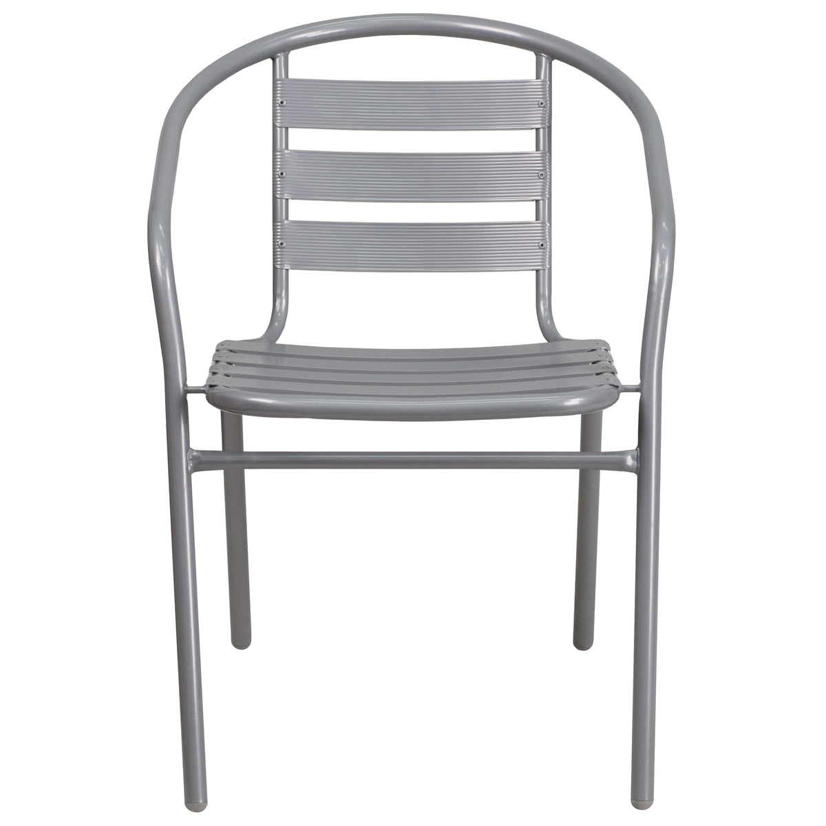 Silver |#| Silver Metal Restaurant Stack Chair with Curved Back and Aluminum Slats