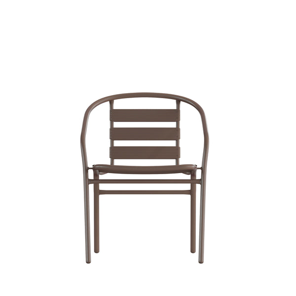 Bronze |#| Bronze Metal Restaurant Stack Chair with Curved Back and Metal Slats