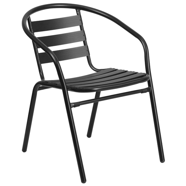 Black |#| Black Metal Restaurant Stack Chair with Curved Back and Aluminum Slats