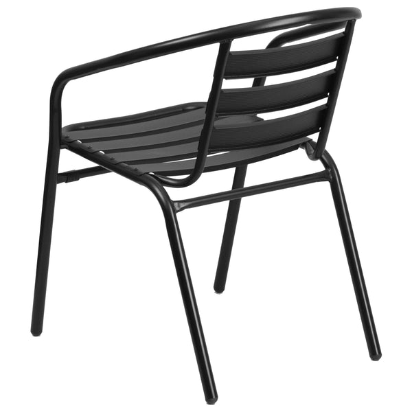 Black |#| Black Metal Restaurant Stack Chair with Curved Back and Aluminum Slats