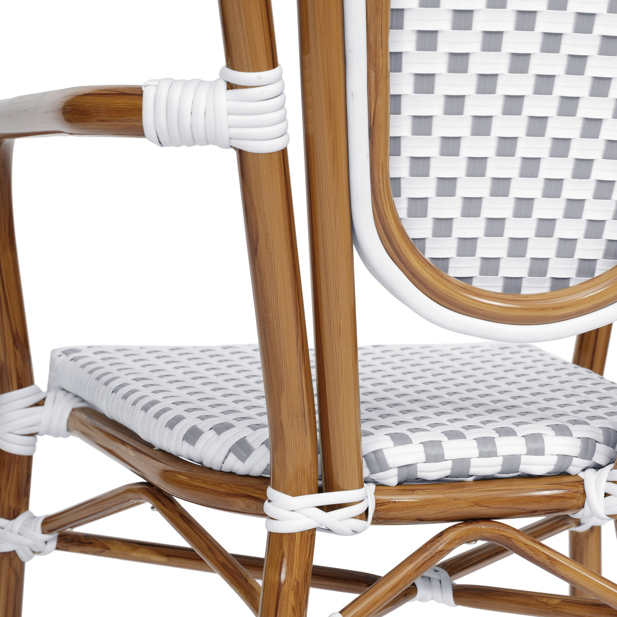 White & Gray/Natural Frame |#| All-Weather Commercial Paris Chair with Bamboo Print Metal Frame-White/Gray