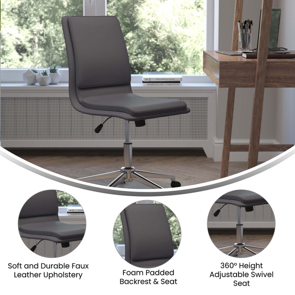 Gray |#| Mid-Back Armless Office Task Chair with Chrome 5-Star Base in Gray LeatherSoft