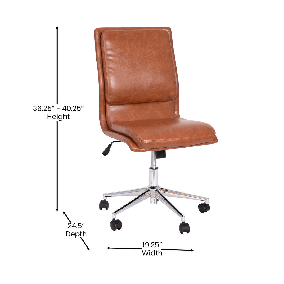 Brown |#| Mid-Back Armless Office Task Chair with Chrome 5-Star Base in Cognac LeatherSoft