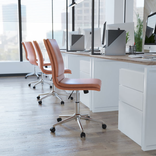 Brown |#| Mid-Back Armless Office Task Chair with Chrome 5-Star Base in Cognac LeatherSoft