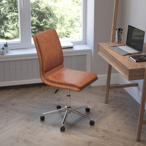 Brown |#| Mid-Back Armless Office Task Chair with Chrome 5-Star Base in Cognac LeatherSoft