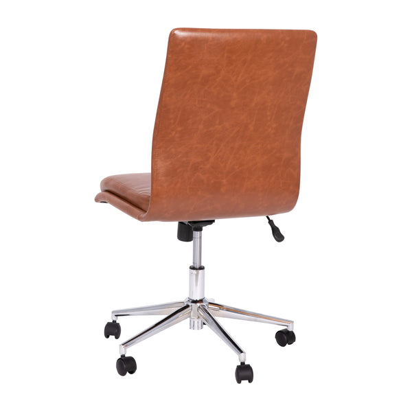 Brown |#| Mid-Back Armless Office Task Chair with Chrome 5-Star Base in Cognac LeatherSoft