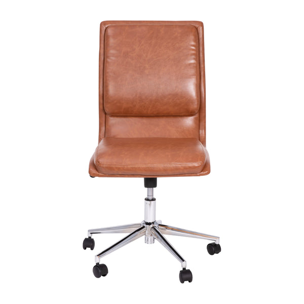 Brown |#| Mid-Back Armless Office Task Chair with Chrome 5-Star Base in Cognac LeatherSoft