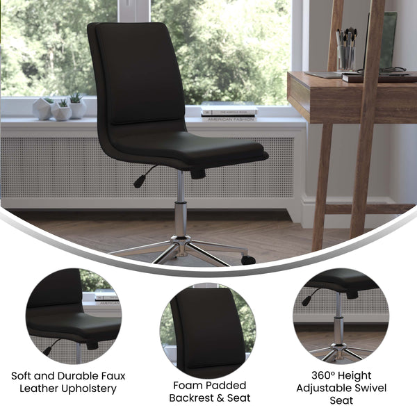 Black |#| Mid-Back Armless Office Task Chair with Chrome 5-Star Base in Black LeatherSoft