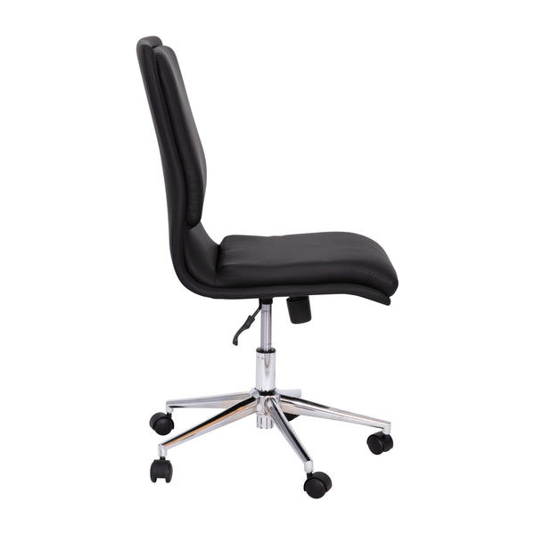 Black |#| Mid-Back Armless Office Task Chair with Chrome 5-Star Base in Black LeatherSoft