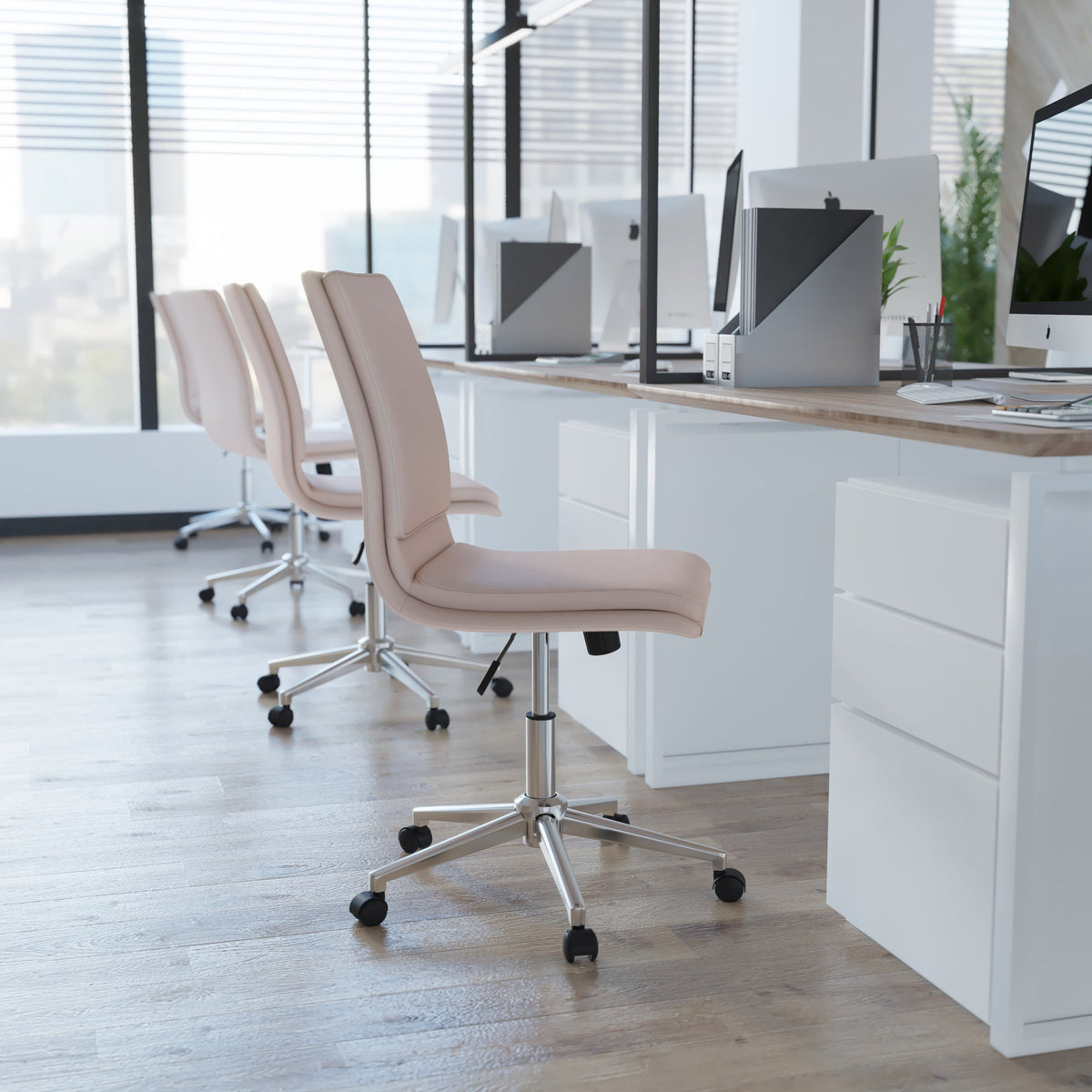 Taupe |#| Mid-Back Armless Office Task Chair with Chrome 5-Star Base in Taupe LeatherSoft