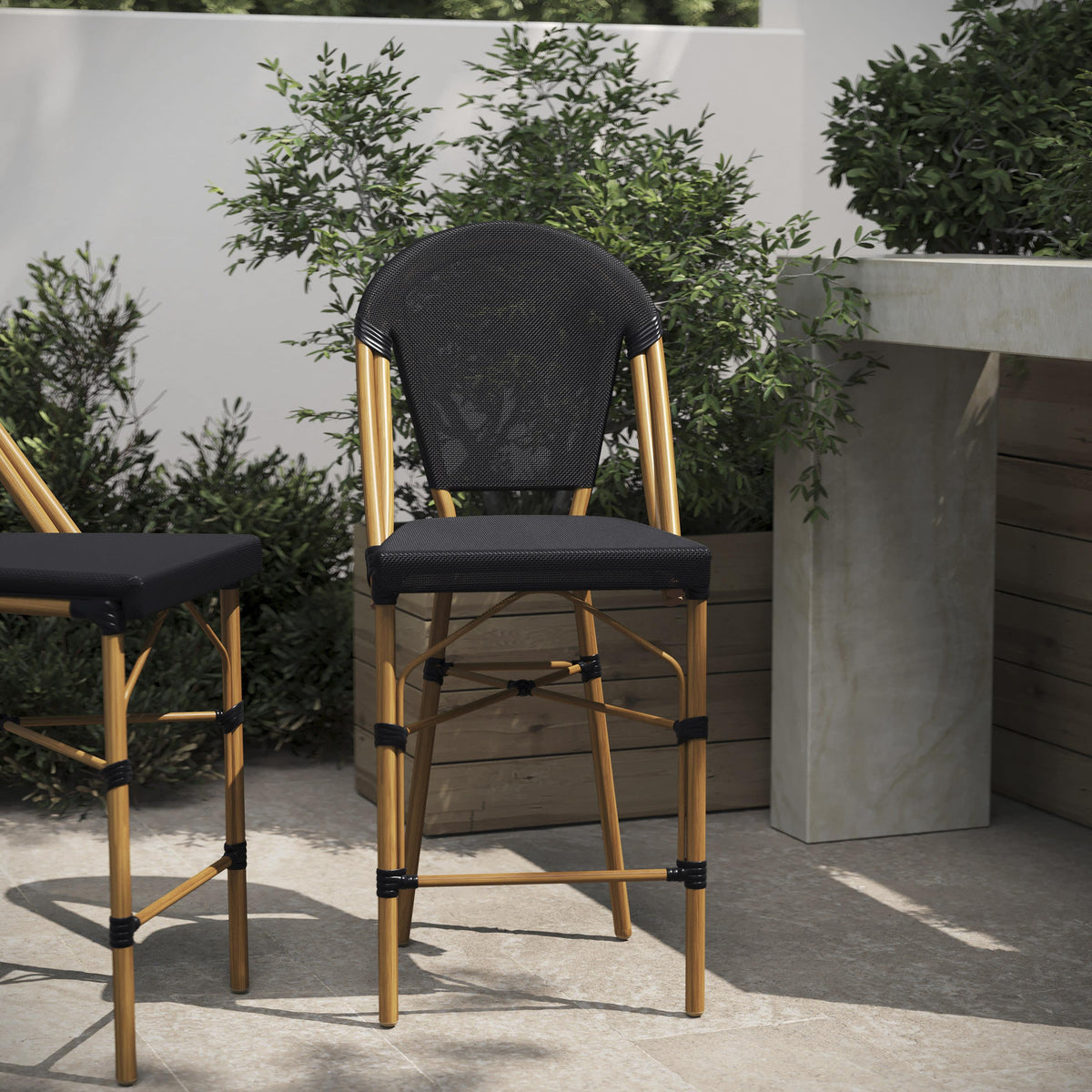 Black/Natural Frame |#| All-Weather Commercial Paris Stool with Natural Metal Frame-Black