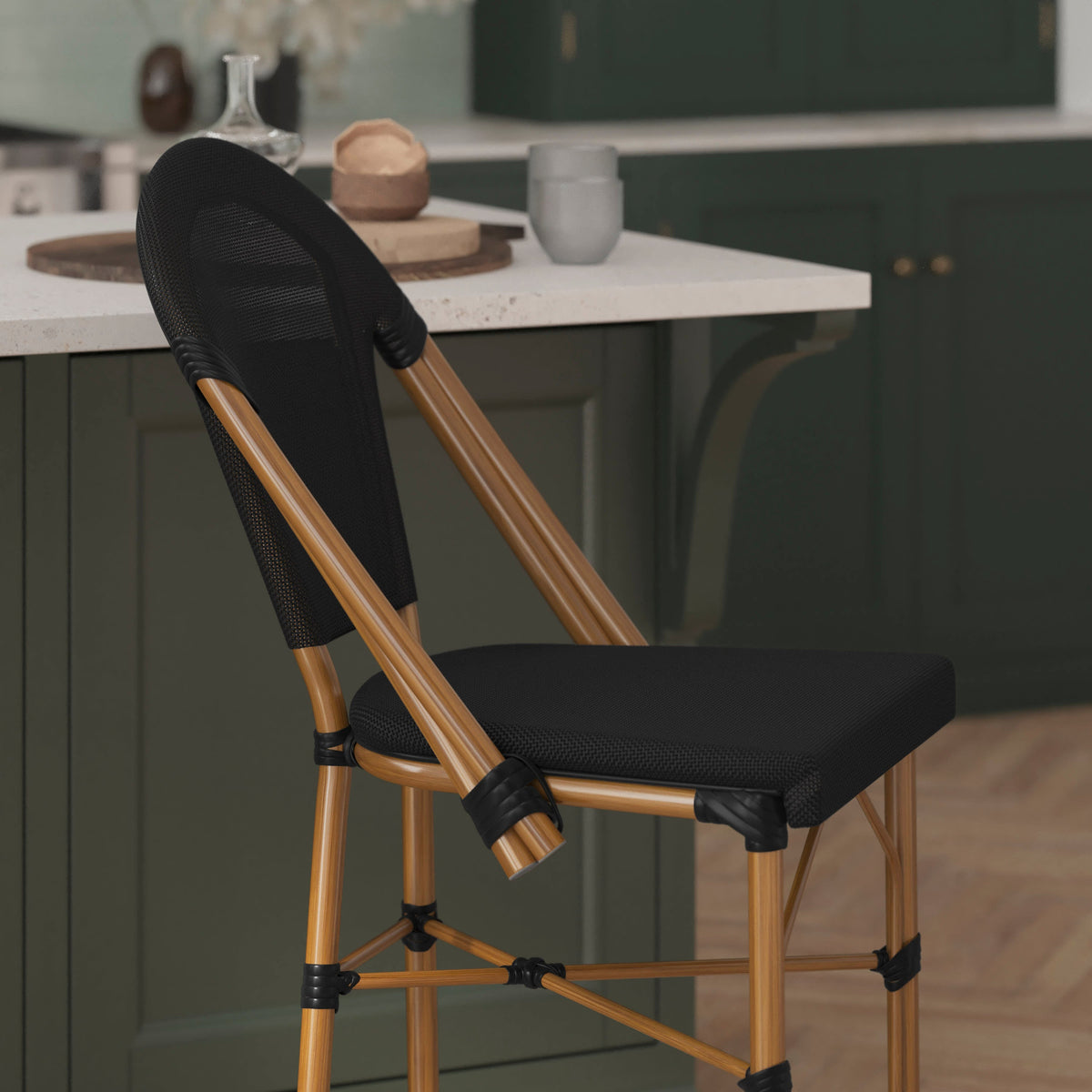 Black/Natural Frame |#| All-Weather Commercial Paris Stool with Natural Metal Frame-Black