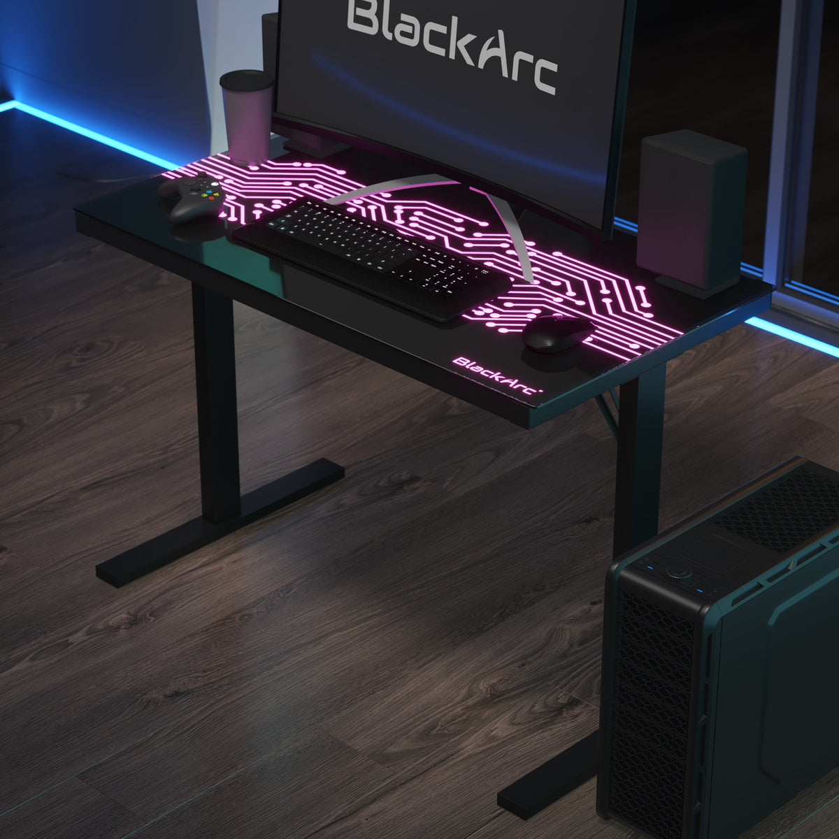 43inch Wide Black Gaming Desk with Remote Controlled LED Circuit Board Pattern Top