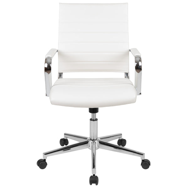 White |#| Mid-Back White LeatherSoft Ribbed Executive Swivel Office Chair - Desk Chair