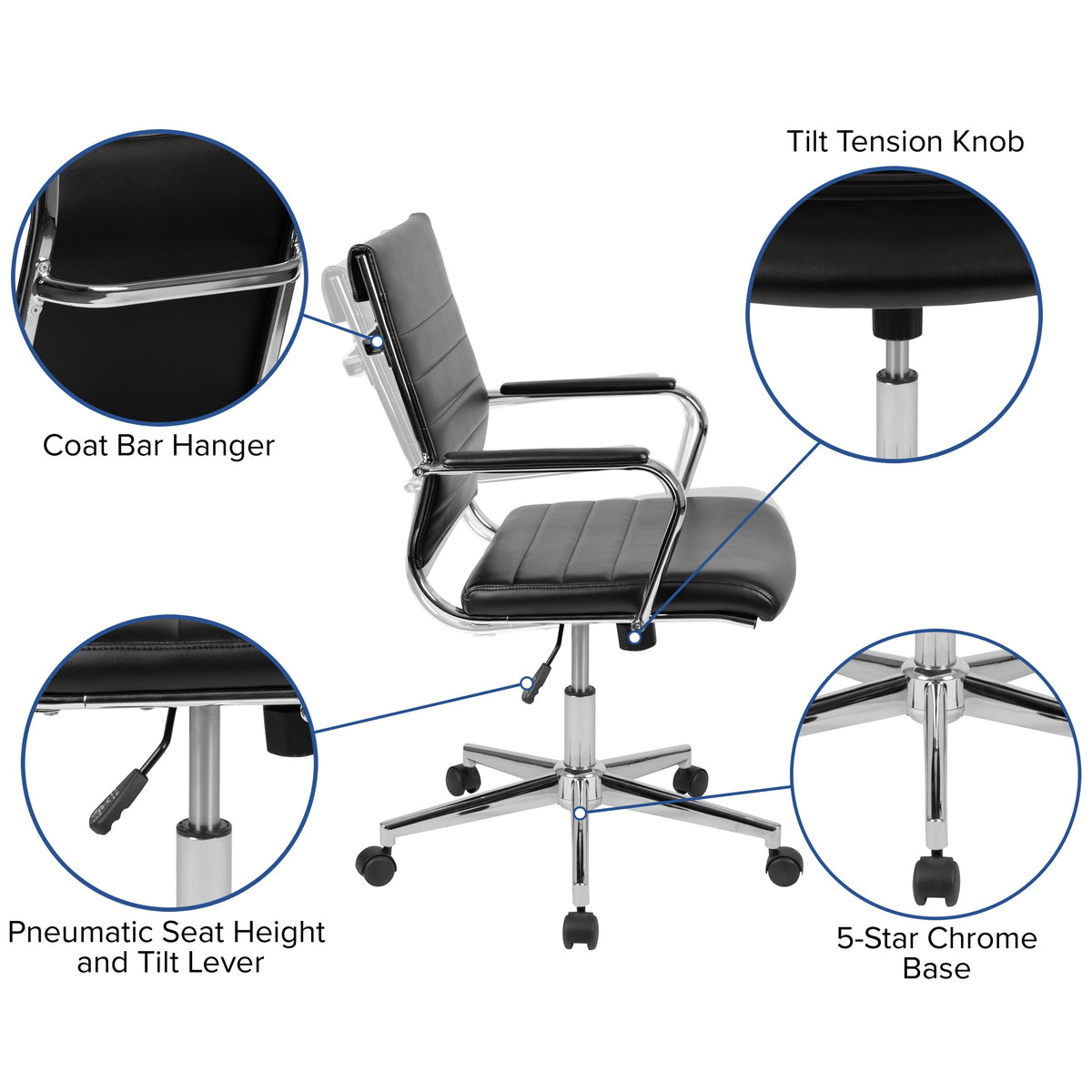 Black |#| Mid-Back Black LeatherSoft Ribbed Executive Swivel Office Chair - Desk Chair