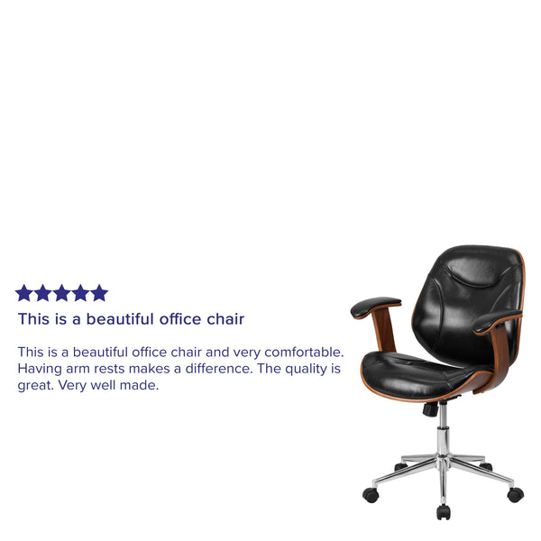 Mid-Back Black LeatherSoft Executive Ergonomic Wood Swivel Office Chair w/Arms