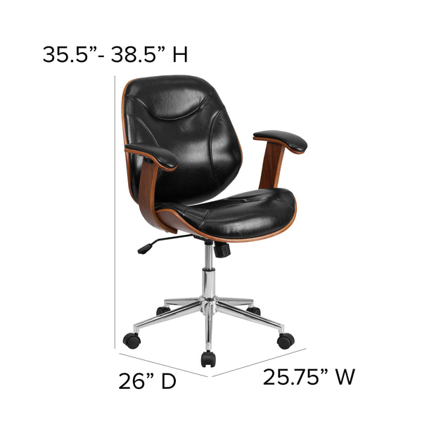 Mid-Back Black LeatherSoft Executive Ergonomic Wood Swivel Office Chair w/Arms