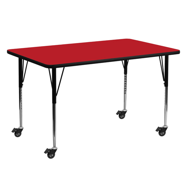 Red |#| Mobile 24inchW x 60inchL Rectangular Red HP Laminate Adjustable Leg Activity Table