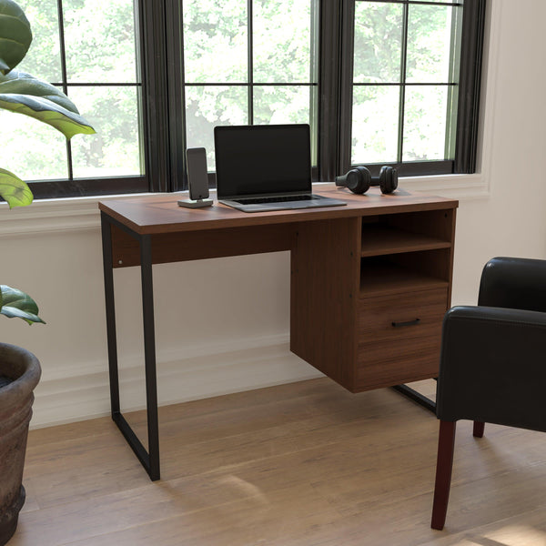 Rustic Coffee Wood Grain Finish Computer Desk with Black Metal Frame