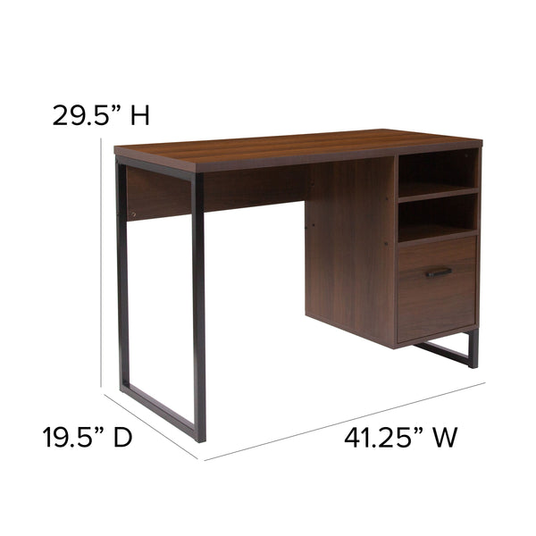 Rustic Coffee Wood Grain Finish Computer Desk with Black Metal Frame